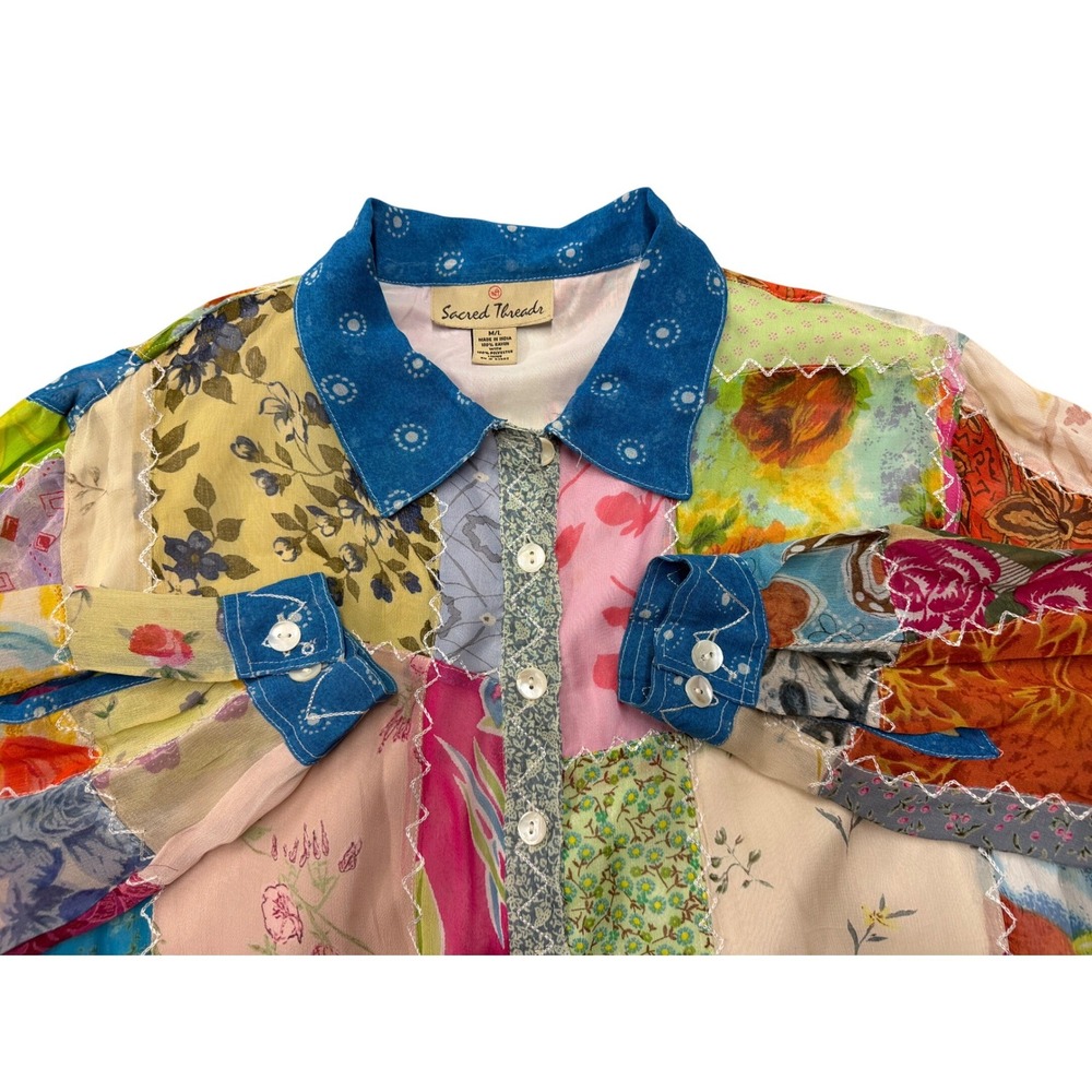 Sacred Threads Patchwork Button Up Shirt Women M/… - image 4